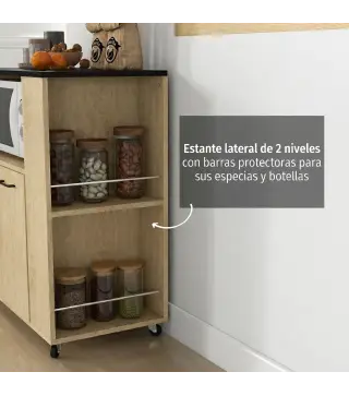 Carrito de Cocina con Ruedas 2 Puertas Estante Ajustable Especieros para Comedor 75x40x80,5 cm Natural
