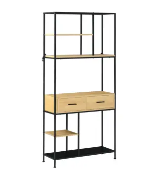 Estantería Estilo Industrial de 5 Niveles Mueble Estantes Almacenaje con 2 Cajones y Marco de Metal 80x30x170,5 cm Roble