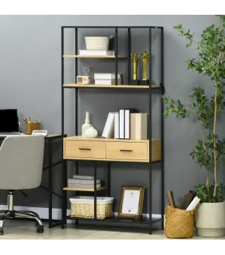 Estantería Estilo Industrial de 5 Niveles Mueble Estantes Almacenaje con 2 Cajones y Marco de Metal 80x30x170,5 cm Roble