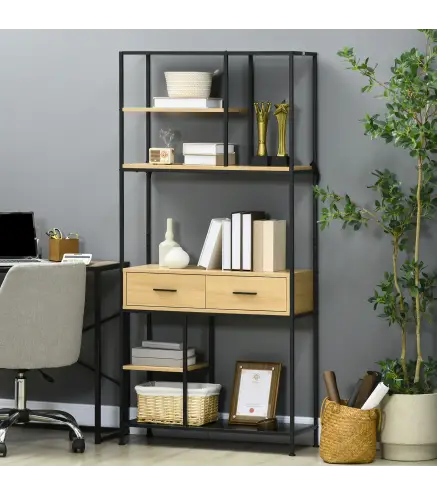 Estantería Estilo Industrial de 5 Niveles Mueble Estantes Almacenaje con 2 Cajones y Marco de Metal 80x30x170,5 cm Roble