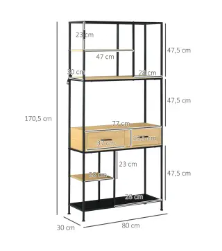 Estantería Estilo Industrial de 5 Niveles Mueble Estantes Almacenaje con 2 Cajones y Marco de Metal 80x30x170,5 cm Roble