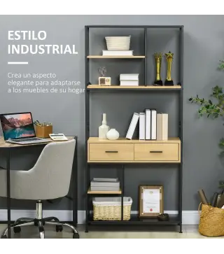 Estantería Estilo Industrial de 5 Niveles Mueble Estantes Almacenaje con 2 Cajones y Marco de Metal 80x30x170,5 cm Roble