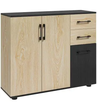 Aparador de Salón Estrecho con 2 Puertas 2 Cajones Estante Ajustable 90x30x75,5 cm Natural y Negro