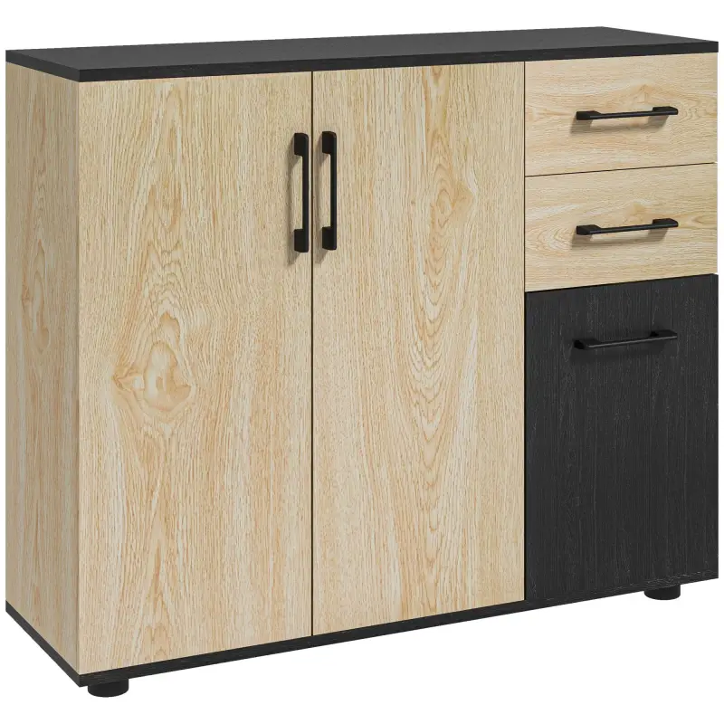 Aparador de Salón Estrecho con 2 Puertas 2 Cajones Estante Ajustable 90x30x75,5 cm Natural y Negro
