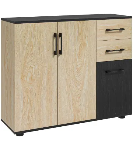 Aparador de Salón Estrecho con 2 Puertas 2 Cajones Estante Ajustable 90x30x75,5 cm Natural y Negro