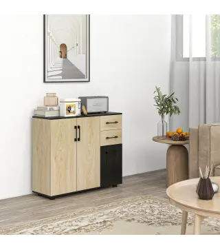 Aparador de Salón Estrecho con 2 Puertas 2 Cajones Estante Ajustable 90x30x75,5 cm Natural y Negro