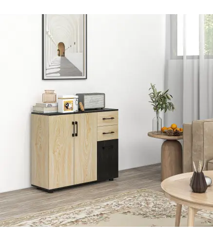 Aparador de Salón Estrecho con 2 Puertas 2 Cajones Estante Ajustable 90x30x75,5 cm Natural y Negro