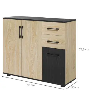 Aparador de Salón Estrecho con 2 Puertas 2 Cajones Estante Ajustable 90x30x75,5 cm Natural y Negro