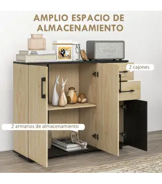 Aparador de Salón Estrecho con 2 Puertas 2 Cajones Estante Ajustable 90x30x75,5 cm Natural y Negro