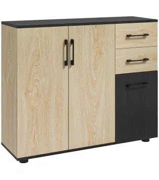 Aparador de Salón Estrecho con 2 Puertas 2 Cajones Estante Ajustable 90x30x75,5 cm Natural y Negro