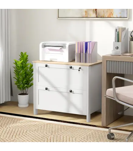 Mueble Archivador con 2 Cajones 2 Barras Colgantes Cerradura y 2 Llaves para Tamaño A4 79x40x72 cm Blanco y Roble