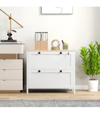 Mueble Archivador con 2 Cajones 2 Barras Colgantes Cerradura y 2 Llaves para Tamaño A4 79x40x72 cm Blanco y Roble