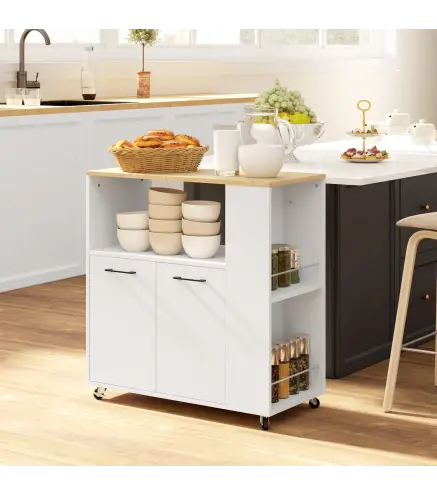 Carrito de Cocina con Ruedas 2 Puertas Estante Ajustable Especieros para Comedor 75x40x80,5 cm Blanco