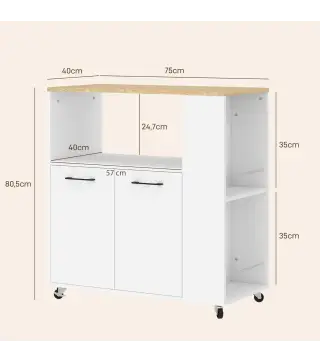 Carrito de Cocina con Ruedas 2 Puertas Estante Ajustable Especieros para Comedor 75x40x80,5 cm Blanco