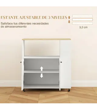 Carrito de Cocina con Ruedas 2 Puertas Estante Ajustable Especieros para Comedor 75x40x80,5 cm Blanco