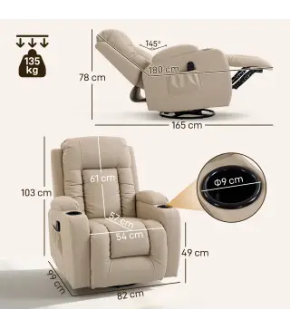 Sillón de Masaje Giratorio Sillón Relax Reclinable con 8 Puntos de Masaje Función de Calefacción 82x99x103 cm Crema