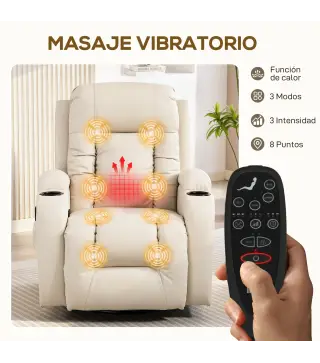 Sillón de Masaje Giratorio Sillón Relax Reclinable con 8 Puntos de Masaje Función de Calefacción 82x99x103 cm Crema