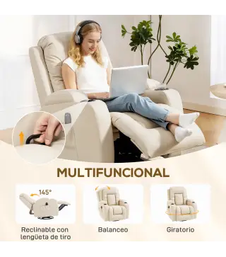 Sillón de Masaje Giratorio Sillón Relax Reclinable con 8 Puntos de Masaje Función de Calefacción 82x99x103 cm Crema