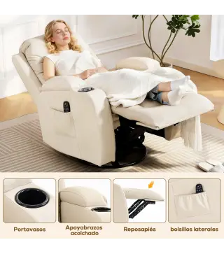 Sillón de Masaje Giratorio Sillón Relax Reclinable con 8 Puntos de Masaje Función de Calefacción 82x99x103 cm Crema