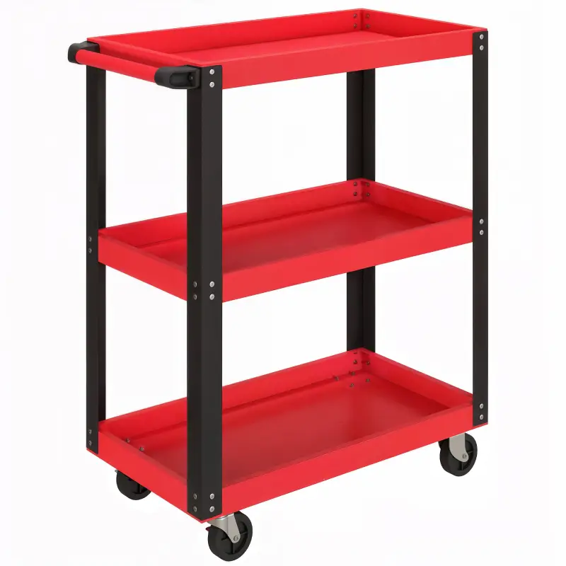 Carro de Herramientas con 3 Estantes Ruedas y Asas para Garaje Mecánico Hogar Carga 120 kg Rojo y Negro