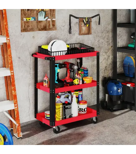 Carro de Herramientas con 3 Estantes Ruedas y Asas para Garaje Mecánico Hogar Carga 120 kg Rojo y Negro