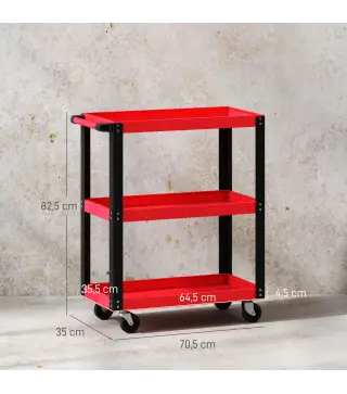 Carro de Herramientas con 3 Estantes Ruedas y Asas para Garaje Mecánico Hogar Carga 120 kg Rojo y Negro