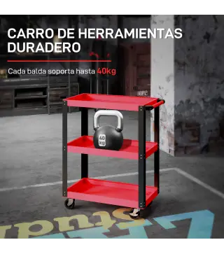 Carro de Herramientas con 3 Estantes Ruedas y Asas para Garaje Mecánico Hogar Carga 120 kg Rojo y Negro