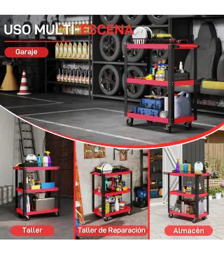 Carro de Herramientas con 3 Estantes Ruedas y Asas para Garaje Mecánico Hogar Carga 120 kg Rojo y Negro