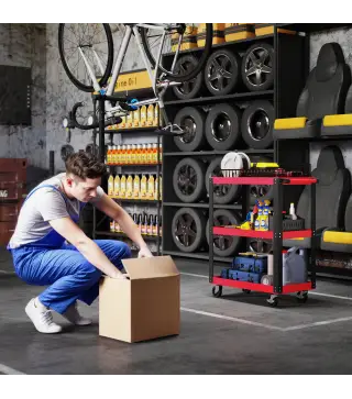 Carro de Herramientas con 3 Estantes Ruedas y Asas para Garaje Mecánico Hogar Carga 120 kg Rojo y Negro
