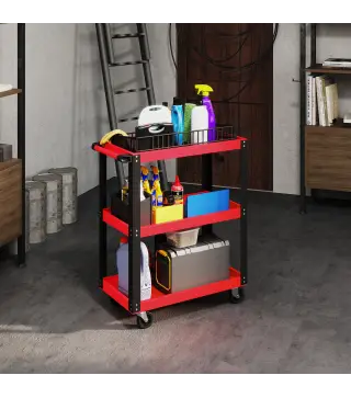 Carro de Herramientas con 3 Estantes Ruedas y Asas para Garaje Mecánico Hogar Carga 120 kg Rojo y Negro