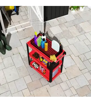 Carro de Herramientas con 3 Estantes Ruedas y Asas para Garaje Mecánico Hogar Carga 120 kg Rojo y Negro