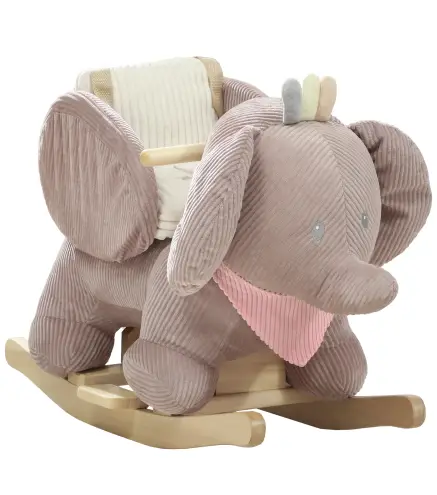Caballito Balancín para Bebés con Sonido de Elefante y Cinturón de Seguridad de 3 Puntos Base de Madera Marrón