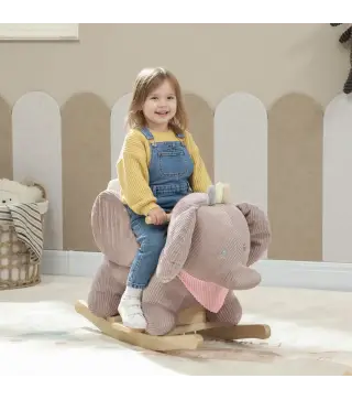 Caballito Balancín para Bebés con Sonido de Elefante y Cinturón de Seguridad de 3 Puntos Base de Madera Marrón