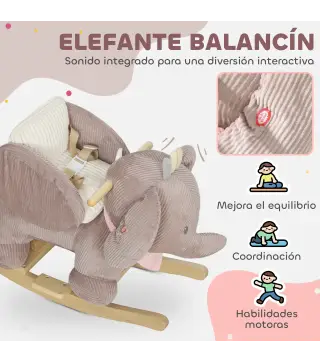 Caballito Balancín para Bebés con Sonido de Elefante y Cinturón de Seguridad de 3 Puntos Base de Madera Marrón