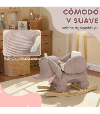 Caballito Balancín para Bebés con Sonido de Elefante y Cinturón de Seguridad de 3 Puntos Base de Madera Marrón