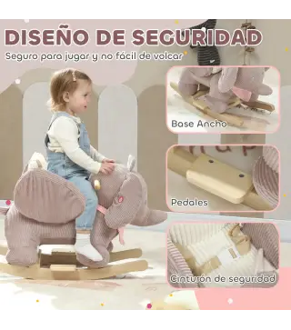 Caballito Balancín para Bebés con Sonido de Elefante y Cinturón de Seguridad de 3 Puntos Base de Madera Marrón
