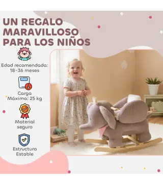 Caballito Balancín para Bebés con Sonido de Elefante y Cinturón de Seguridad de 3 Puntos Base de Madera Marrón