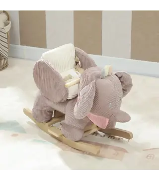 Caballito Balancín para Bebés con Sonido de Elefante y Cinturón de Seguridad de 3 Puntos Base de Madera Marrón