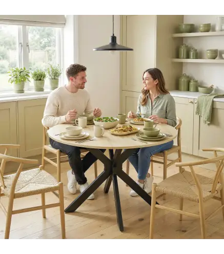 Mesa de Cocina Plegable Redonda para 2-6 Personas con Ala Abatible Marco de Acero Doble X Ø110x76 cm Natural