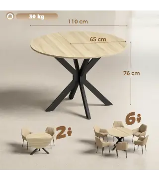 Mesa de Cocina Plegable Redonda para 2-6 Personas con Ala Abatible Marco de Acero Doble X Ø110x76 cm Natural