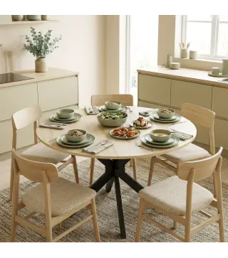 Mesa de Cocina Plegable Redonda para 2-6 Personas con Ala Abatible Marco de Acero Doble X Ø110x76 cm Natural