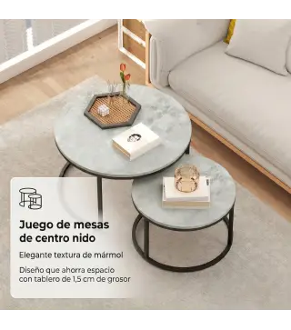 Juego de 2 Mesas de Centro Mesas Nido Moderna Mesitas Auxiliares Redondas Efecto Mármol Marco de Metal Gris