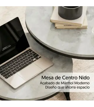 Juego de 2 Mesas de Centro Mesas Nido Moderna Mesitas Auxiliares Redondas Efecto Mármol Marco de Metal Gris