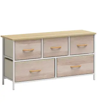 Cómoda con 5 Cajones de Tela Cómoda para Dormitorio Marco de Metal Cajonera para Salón Oficina Natural y Blanco