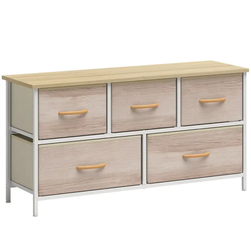 Cómoda con 5 Cajones de Tela Cómoda para Dormitorio Marco de Metal Cajonera para Salón Oficina Natural y Blanco Cómoda con 5 Cajones de Tela Cómoda para Dormitorio Marco de Metal Cajonera para Salón Oficina Natural y Blanco