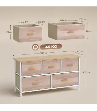 Cómoda con 5 Cajones de Tela Cómoda para Dormitorio Marco de Metal Cajonera para Salón Oficina Natural y Blanco
