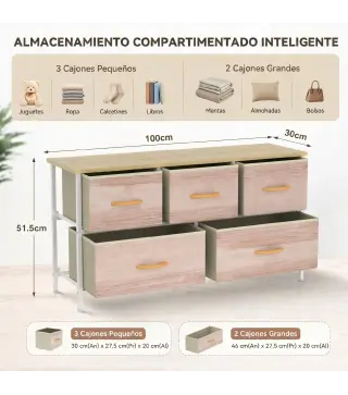 Cómoda con 5 Cajones de Tela Cómoda para Dormitorio Marco de Metal Cajonera para Salón Oficina Natural y Blanco