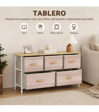 Cómoda con 5 Cajones de Tela Cómoda para Dormitorio Marco de Metal Cajonera para Salón Oficina Natural y Blanco