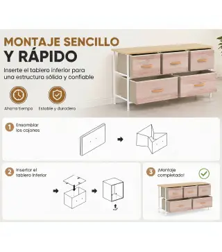 Cómoda con 5 Cajones de Tela Cómoda para Dormitorio Marco de Metal Cajonera para Salón Oficina Natural y Blanco