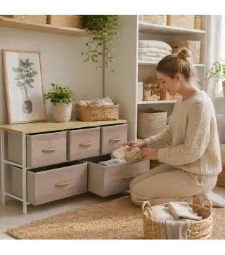Cómoda con 5 Cajones de Tela Cómoda para Dormitorio Marco de Metal Cajonera para Salón Oficina Natural y Blanco